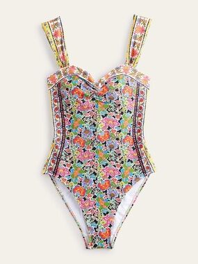 Boden Pleated Sweetheart One-Piece Swimsuit 8 Multicolor Carnation Garden Floral